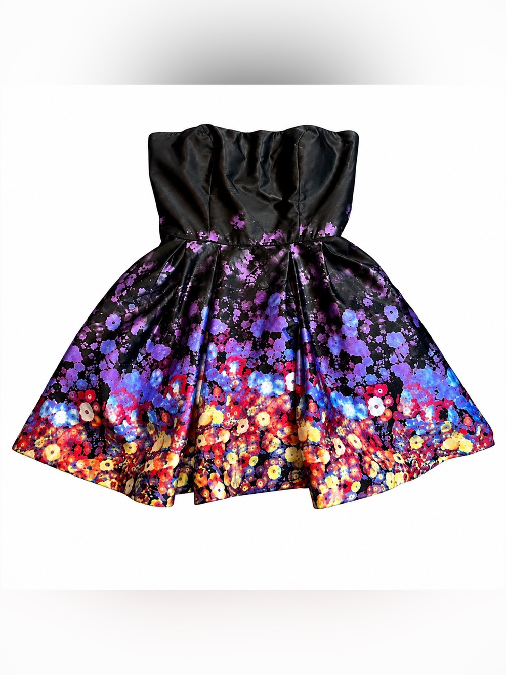 Betsy & Adam Black Purple Floral Print Fit & Flare Strapless Formal Dress Sz 12